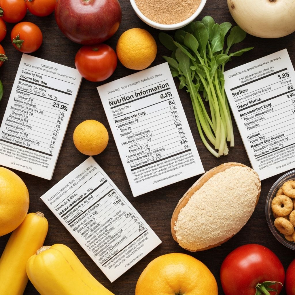 Nutritional labels and food packaging in arranged composition
